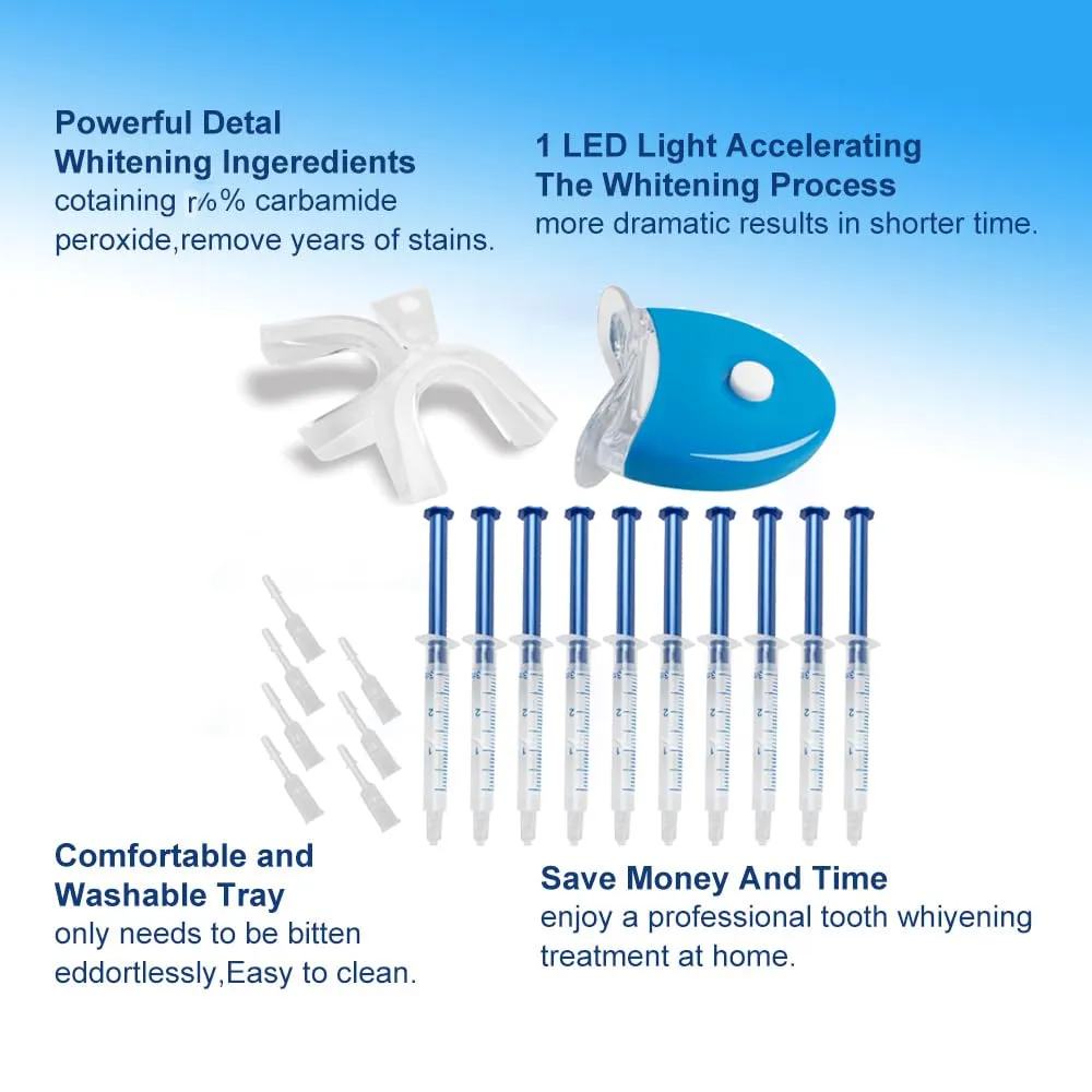 3ml Teeth Whitening Gels Kit 10pcs 44% Carbamide Peroxide Bleaching Gel 0.1oz Refill Gel with Teeth Whitener Lamp Blue LED Light and Teeth Whitening Trays