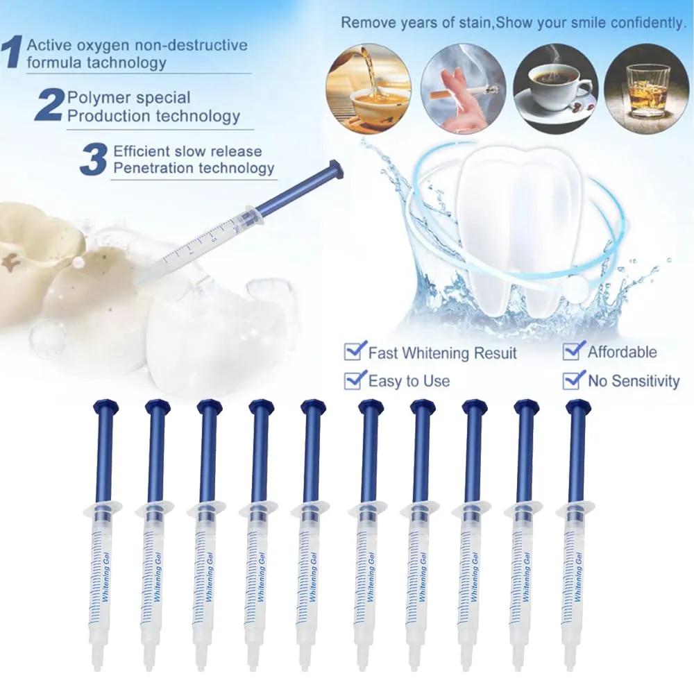 3ml Teeth Whitening Gels Kit 10pcs 44% Carbamide Peroxide Bleaching Gel 0.1oz Refill Gel with Teeth Whitener Lamp Blue LED Light and Teeth Whitening Trays