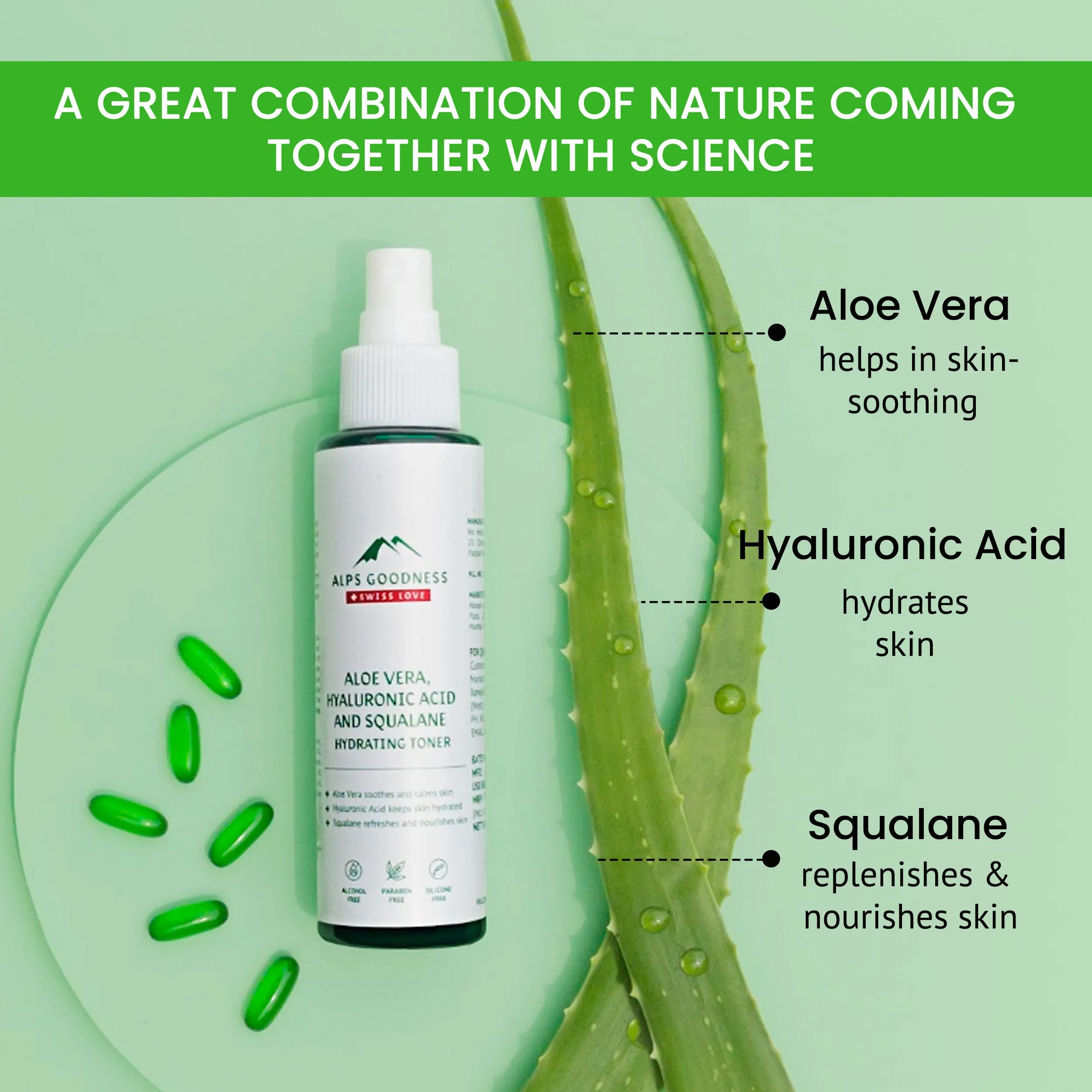 Alps Goodness Aloe Vera, Squalane & Hyaluronic Acid Hydrating Toner for Dry Skin (110ml) | Alcohol free, Paraben Free, Sulphate Free, Silicone Free | Good for pore minimizing/tightening