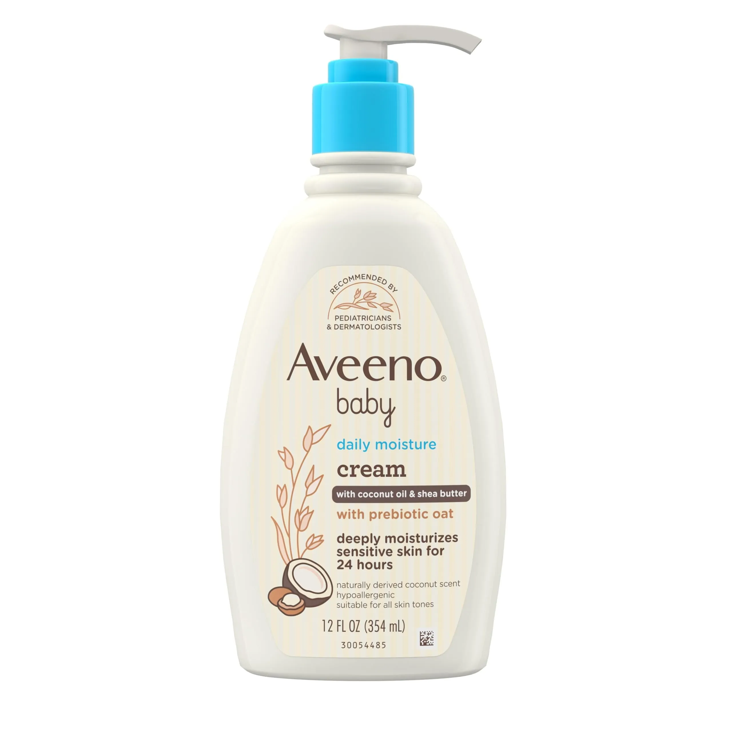 Aveeno Baby Daily Moisturizing Cream with Prebiotic Oat, Hypoallergenic Baby Lotion with Coconut Oil & Shea Butter Moisturizes Sensitive Skin for 24 Hours, Gentle Coconut Scent, 12 fl. oz C27