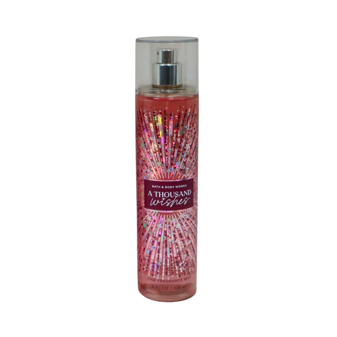 Bath & Body Works A Thousand Wishes Fine Fragrance Body Mist 8 oz & A Thousand Wishes Fine Fragrance Shimmer Body Mist 4.9 oz Gift Set packaging with a Red bow
