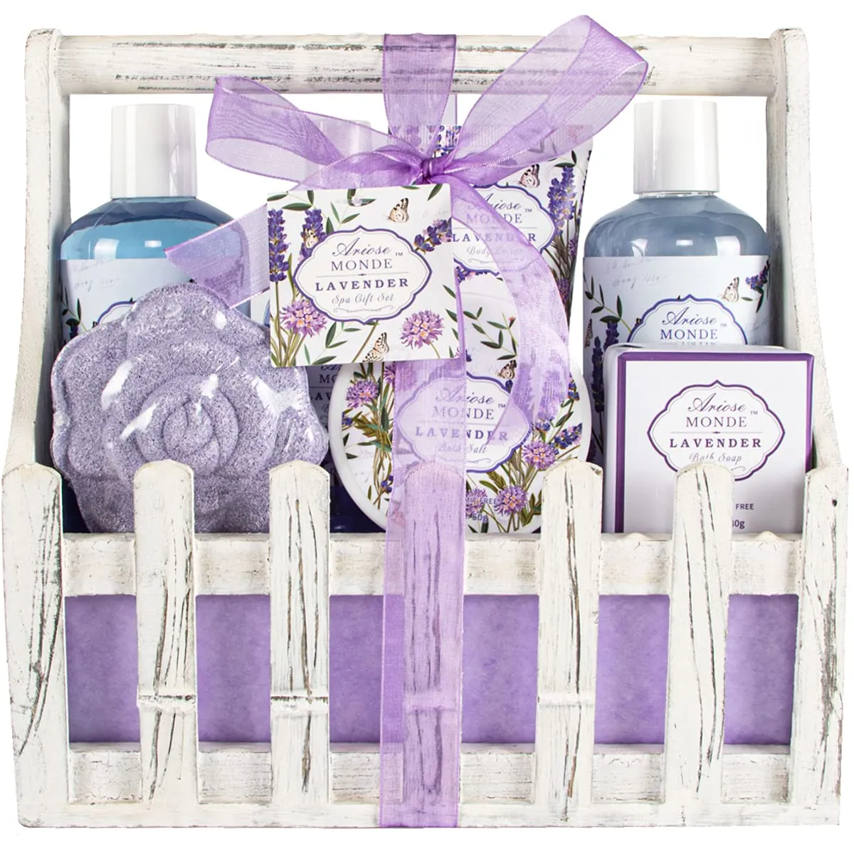 Bath Spa Basket Gift Set, with Lavender & Jasmine Scent, Home Spa Gift Basket Kits for Women, Includes Body Lotion, Shower Gel, Bath Salts, Bubble Bath, Body Mist, Bath Soap, Bath Bomb, 8 PCS