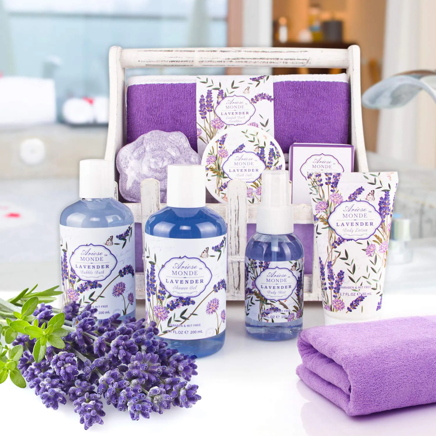 Bath Spa Basket Gift Set, with Lavender & Jasmine Scent, Home Spa Gift Basket Kits for Women, Includes Body Lotion, Shower Gel, Bath Salts, Bubble Bath, Body Mist, Bath Soap, Bath Bomb, 8 PCS