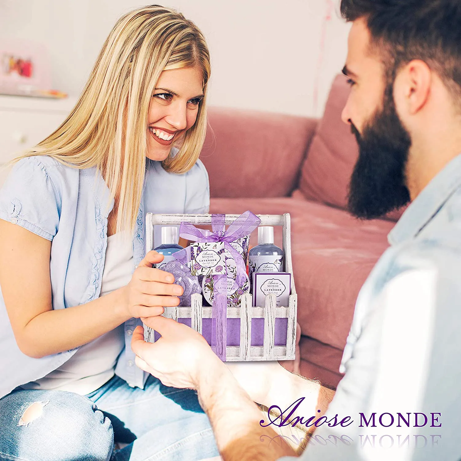 Bath Spa Basket Gift Set, with Lavender & Jasmine Scent, Home Spa Gift Basket Kits for Women, Includes Body Lotion, Shower Gel, Bath Salts, Bubble Bath, Body Mist, Bath Soap, Bath Bomb, 8 PCS