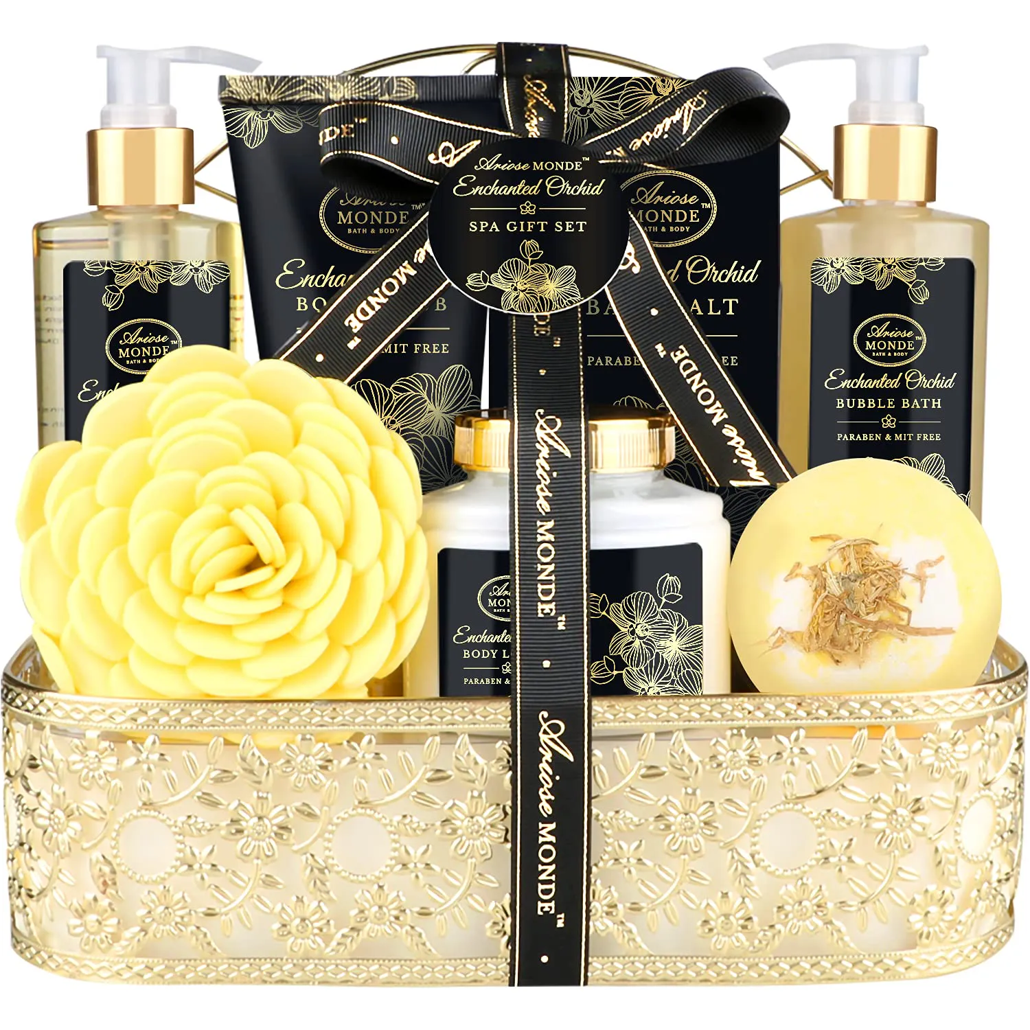 Bath Spa Basket Gift Set, with Lavender & Jasmine Scent, Home Spa Gift Basket Kits for Women, Includes Body Lotion, Shower Gel, Bath Salts, Bubble Bath, Body Mist, Bath Soap, Bath Bomb, 8 PCS