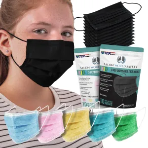 Black and Assorted Colors Kids Face Masks Variety Pack (2 Pouches - 20 Masks Total) Breathable Disposable 3-Ply Protective PPE, Nose Clip Ear Loops