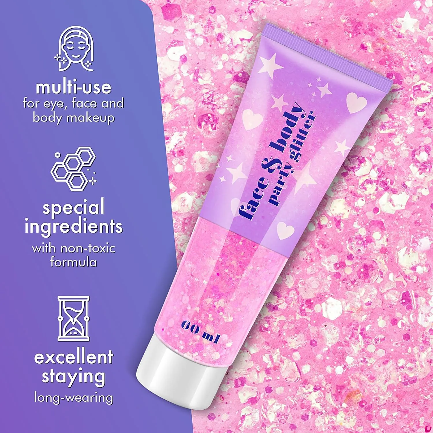 Body Glitter Gel, Holographic Face Glitter Gel Sequins Shimmer for Hair, Lip, Eyeshadow, Nails, Chunky and Powder Mixed Glitter Gel, Cosmetic Flakes Gel for Festival Makeup 120ml (Iridescent Pink)