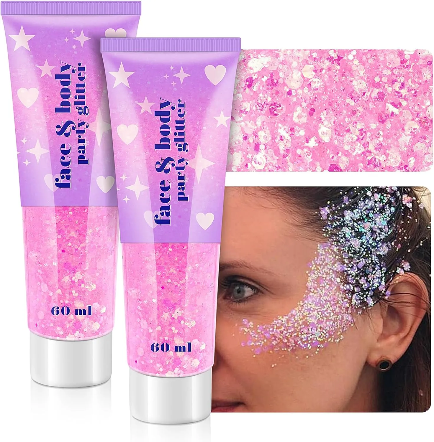 Body Glitter Gel, Holographic Face Glitter Gel Sequins Shimmer for Hair, Lip, Eyeshadow, Nails, Chunky and Powder Mixed Glitter Gel, Cosmetic Flakes Gel for Festival Makeup 120ml (Iridescent Pink)