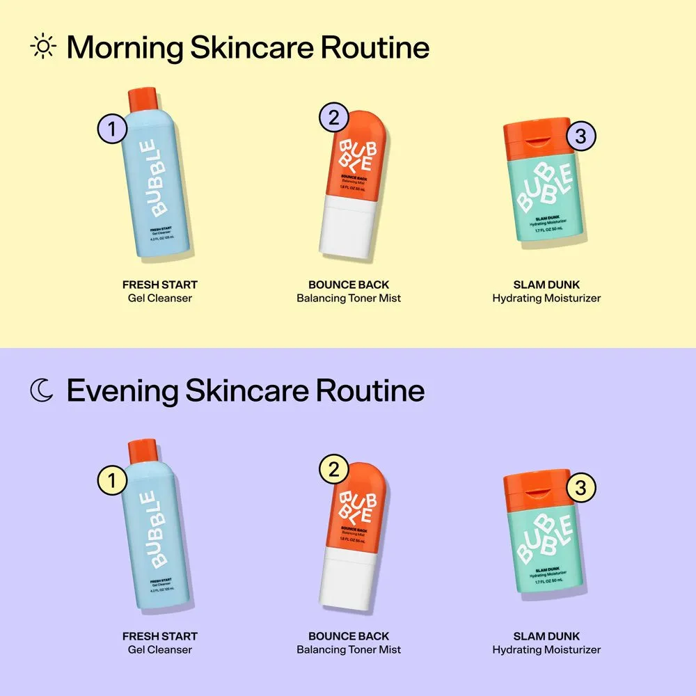 Bubble Skincare 3-Step Hydrating Routine Bundle, For Normal to Dry Skin, (Includes Fresh Start Gel Cleanser 50ml, Bounce Back Toner 55ml, Slam Dunk Hydrating Moisturizer 50ml) Savings of over 30%