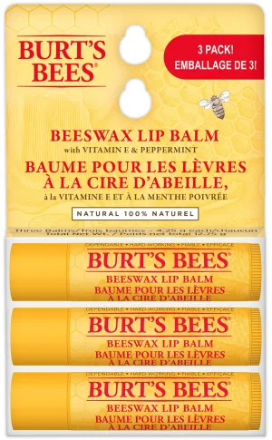 Burt's Bees Moisturizing Lip Balm for Dry Chapped Lips 100% Natural Origin, Original Beeswax with Vitamin E & Peppermint Oil, 3 Tubes, Value Pack