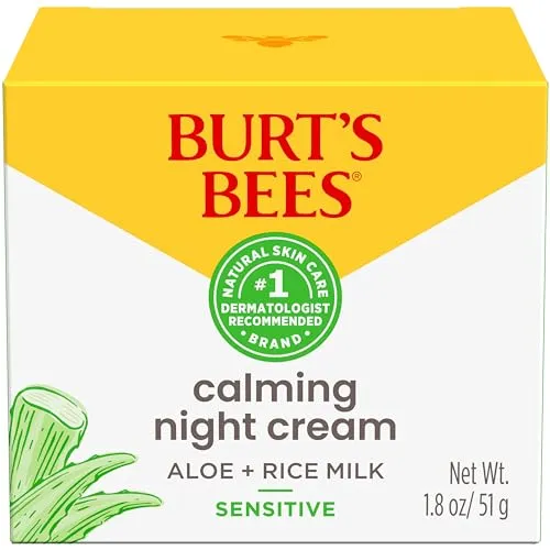 Burt's Bees Sensitive Hydrating Night Face Cream Face Moisturizer for Sensitive Skin with Aloe and Rice Milk, 98.9% Natural Origin, Developed with Dermatologists, 50g