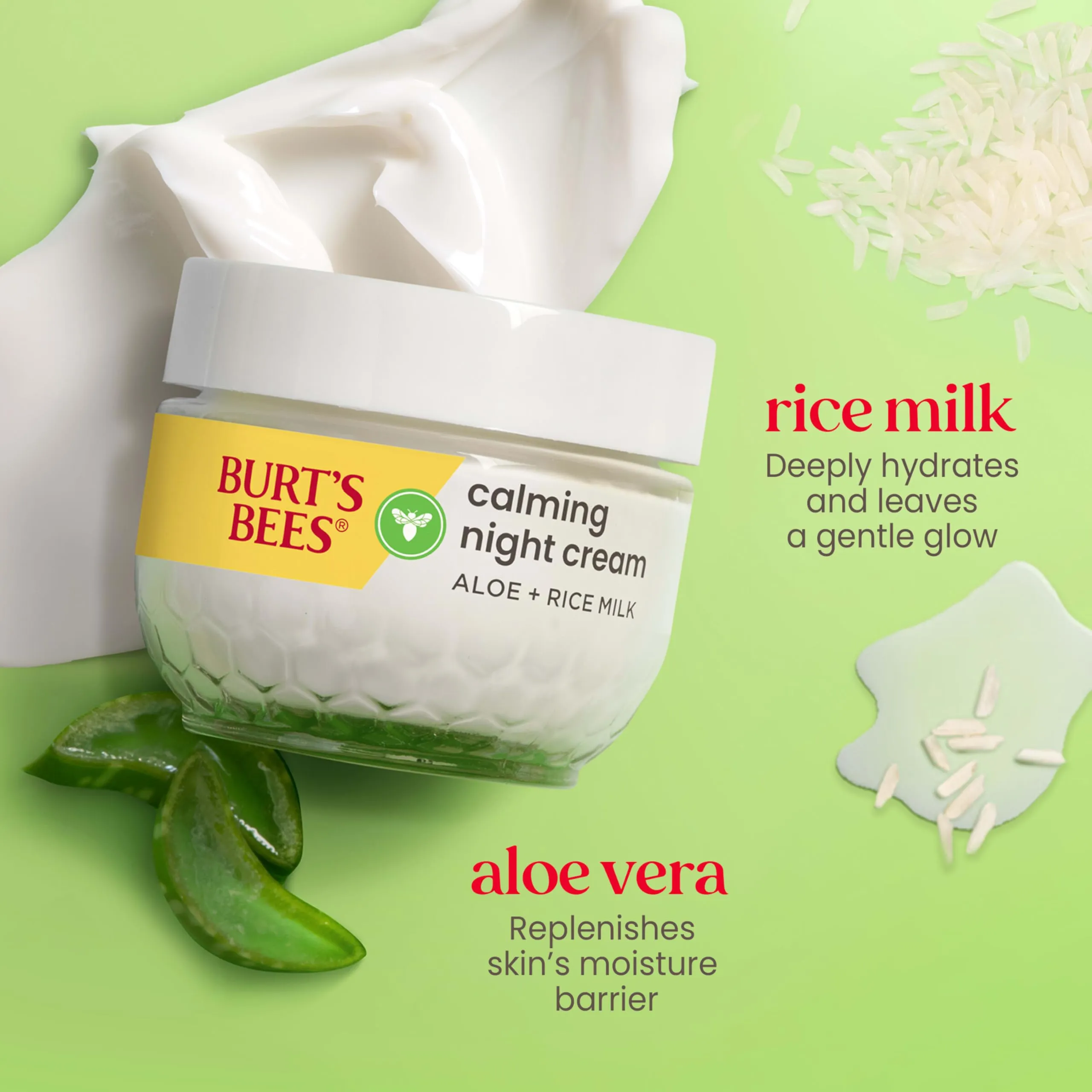 Burt's Bees Sensitive Hydrating Night Face Cream Face Moisturizer for Sensitive Skin with Aloe and Rice Milk, 98.9% Natural Origin, Developed with Dermatologists, 50g