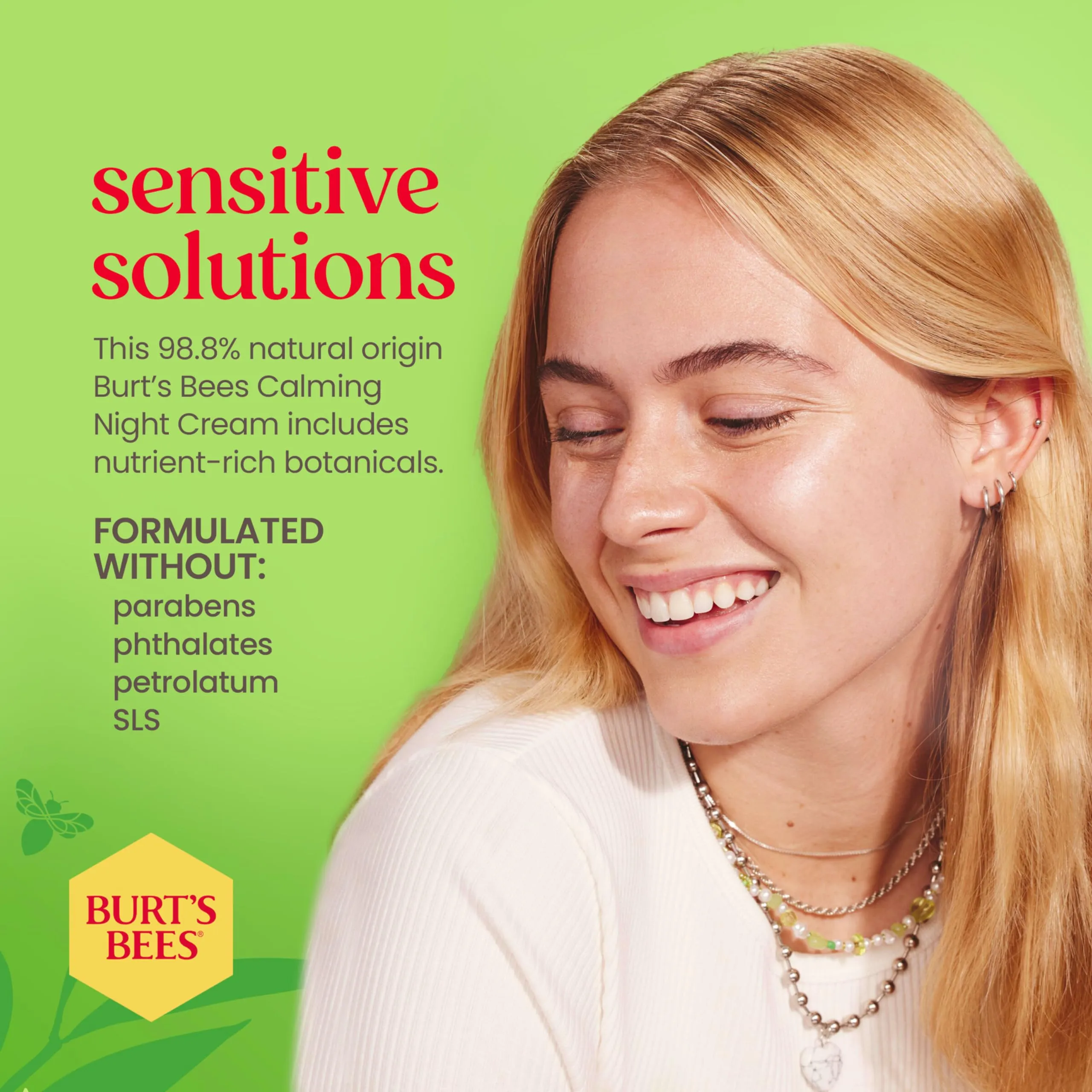 Burt's Bees Sensitive Hydrating Night Face Cream Face Moisturizer for Sensitive Skin with Aloe and Rice Milk, 98.9% Natural Origin, Developed with Dermatologists, 50g