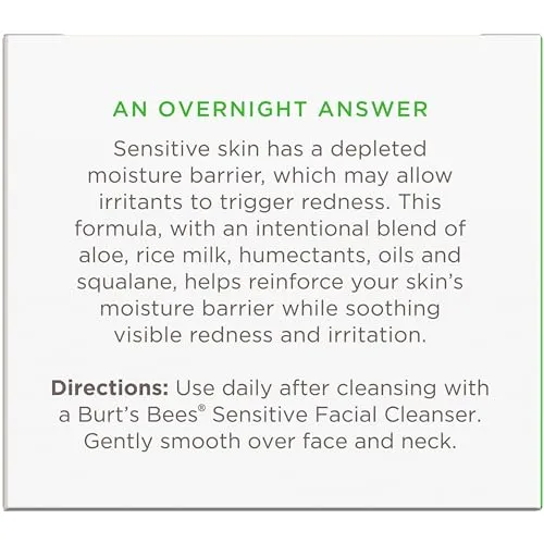 Burt's Bees Sensitive Hydrating Night Face Cream Face Moisturizer for Sensitive Skin with Aloe and Rice Milk, 98.9% Natural Origin, Developed with Dermatologists, 50g