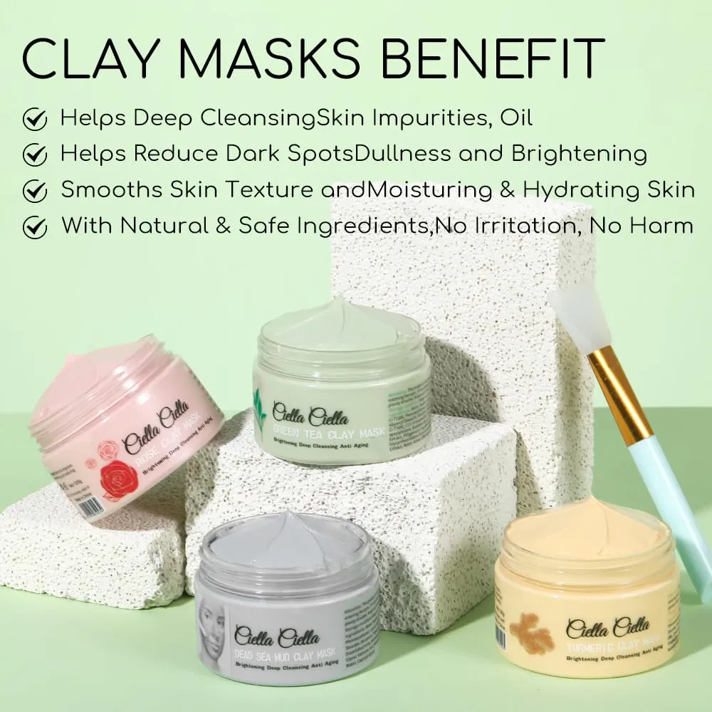 Ciella Ciella 4pcs Clay Mask for Face,Dead Sea Mud Mask,Mud Masks for Face,Pore Cleansing Mask,Facial Masks for Women Skin Care,Green Tea Face Mask,Tumeric Face Mask,Rose Face Mask(16.93oz)