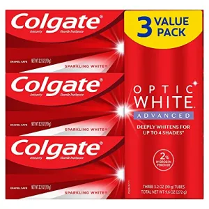 Colgate Optic White Advanced Hydrogen Peroxide Toothpaste, Teeth Whitening Toothpaste Pack, Enamel-Safe Formula, Helps Remove Tea, Coffee, and Wine Stains, Sparkling White, 3 Pack, 3.2 oz