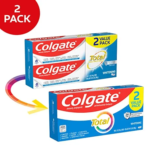 Colgate Total Whitening Toothpaste, Mint Toothpaste, 5.1 oz Tube, 2 Pack