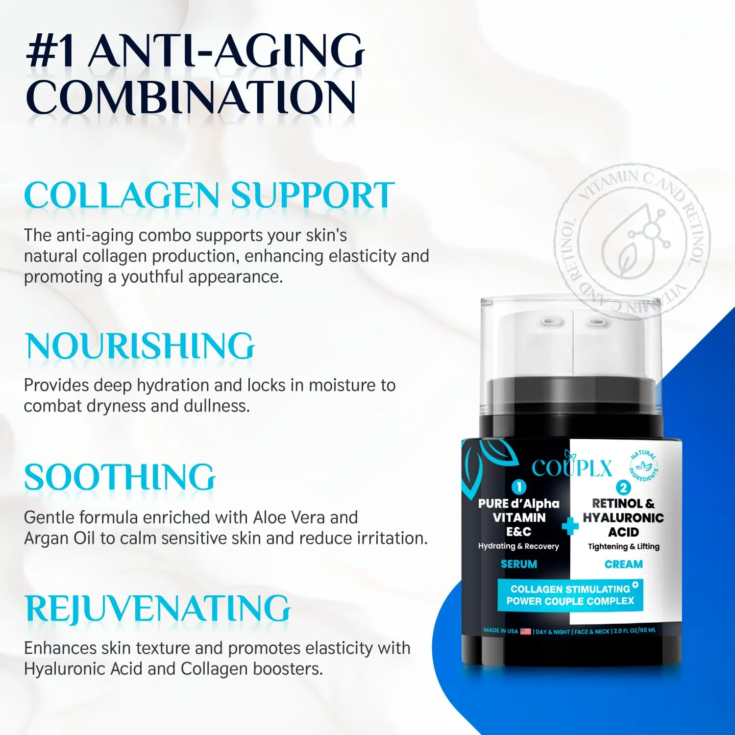 COUPLX Pure Neck Firming Cream & Moisturizer Face Cream for Women, 2-1 Anti Aging Retinol Cream for Face & Vitamin E&C Serum - Skin Tightening Cream for Face, Neck Firming and Tightening, Face Lotion