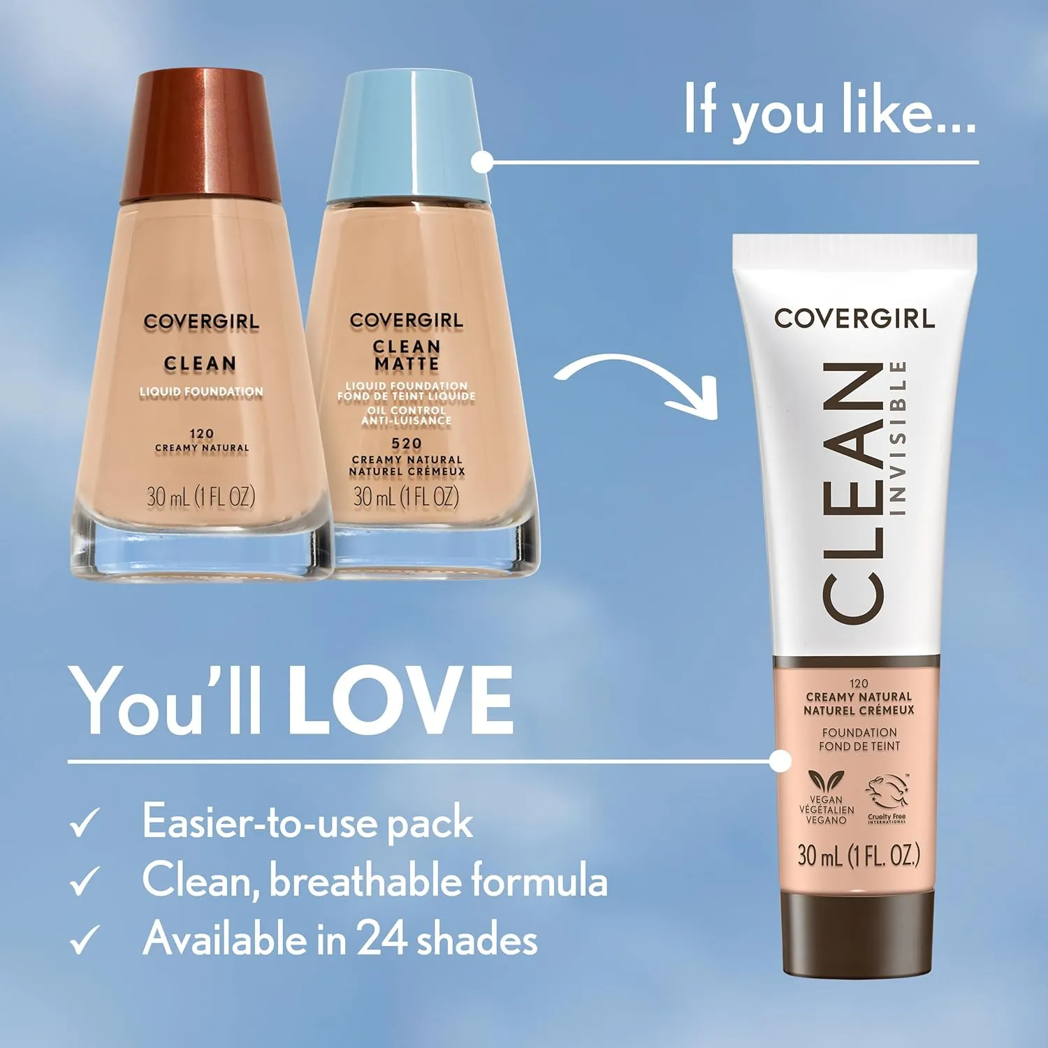 COVERGIRL Clean Invisible Foundation Makeup, Dewy & Glowy Finish, Buildable Coverage, Skin-Like Smooth Look, Vegan, Creamy Natural, 1oz