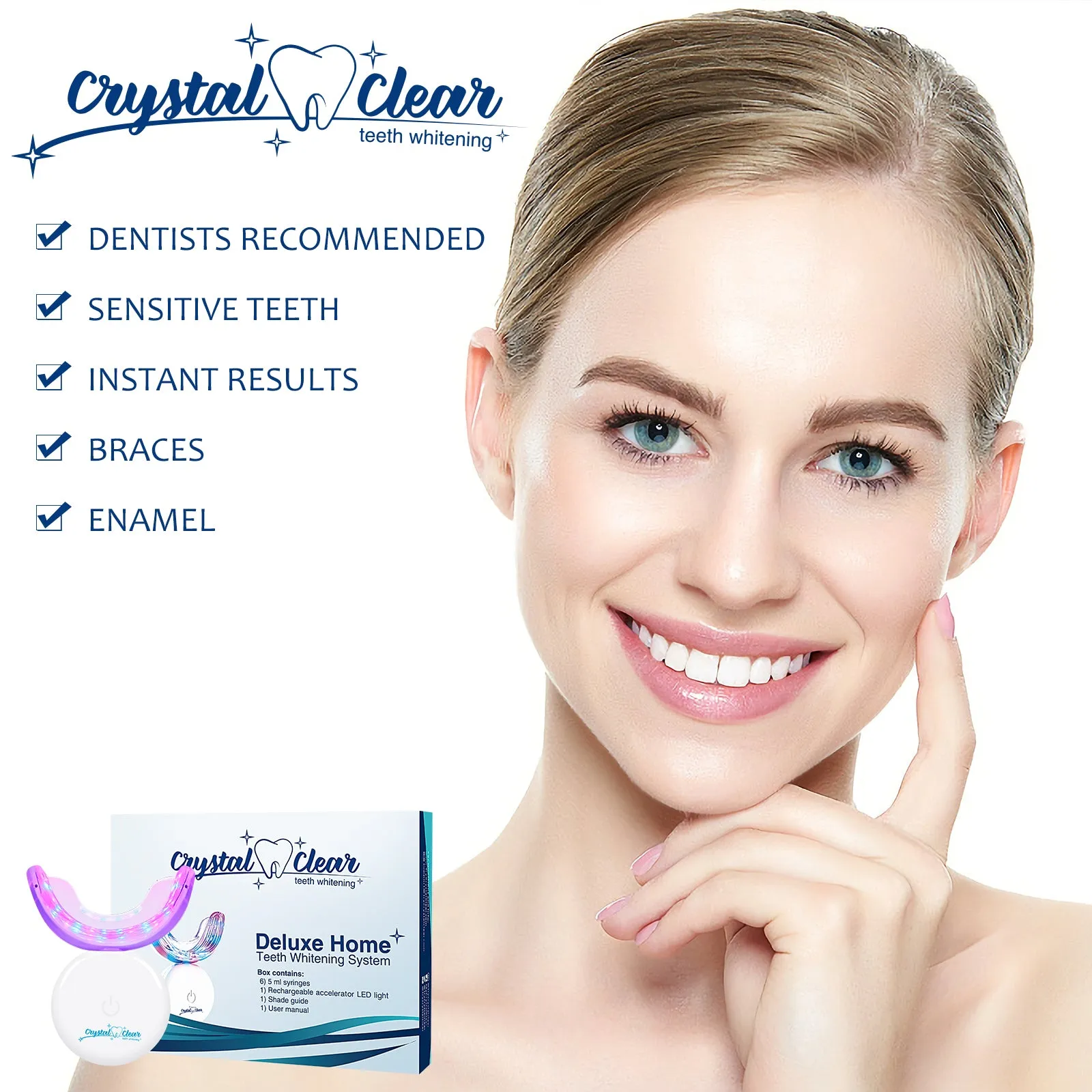Crystal Clear Teeth Whitening US Dentists-Approved, Rechargeable Waterproof Teeth Whitening All-in-One Kit