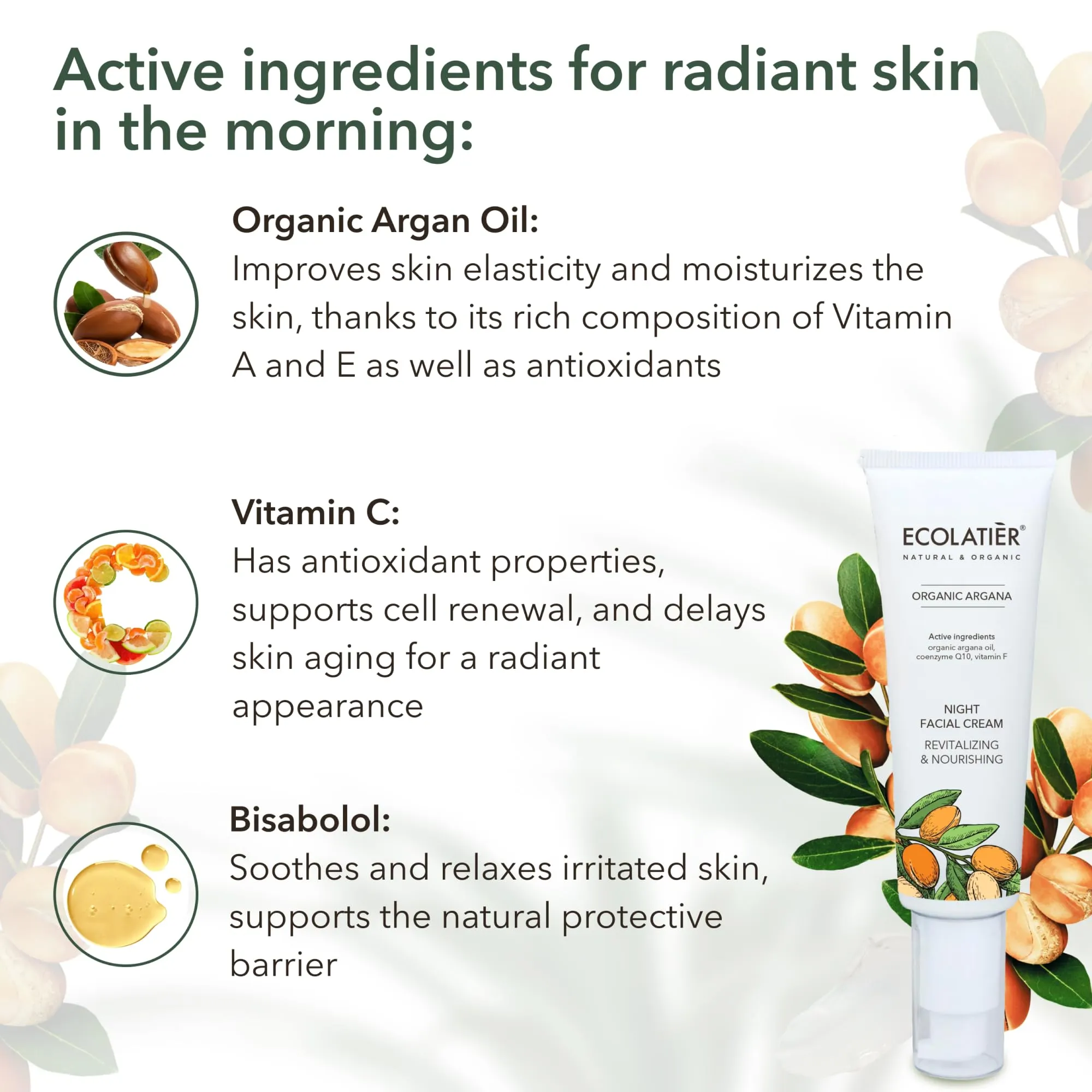 ECOLATIÈR Night Facial Cream Revitalizing & Nourishing Organic Argan Oil - Moisturizer Face Cream, Anti-Aging, Vitamin C, Vegan, 97.7% Natural Ingredients, 1.7 Fl Oz