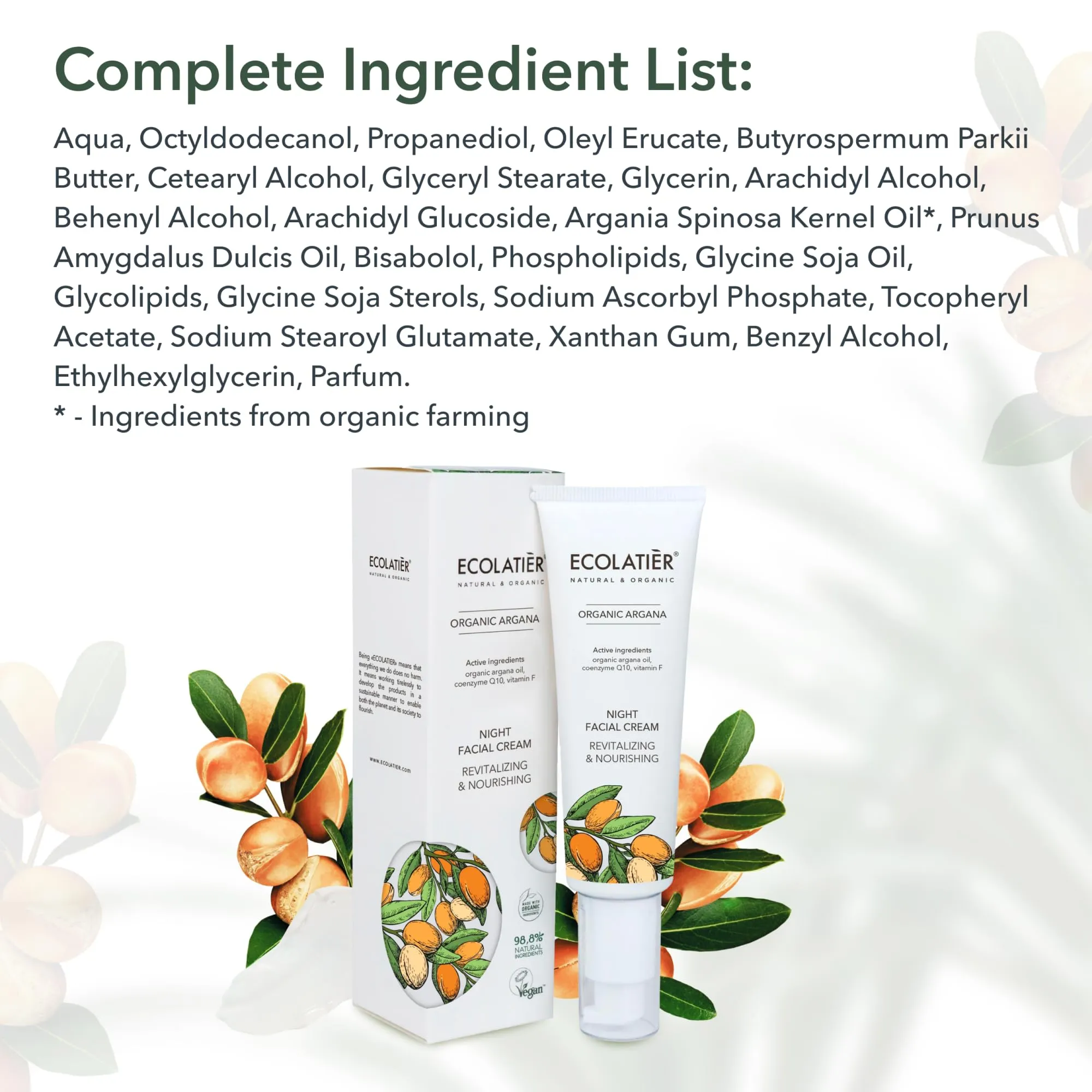 ECOLATIÈR Night Facial Cream Revitalizing & Nourishing Organic Argan Oil - Moisturizer Face Cream, Anti-Aging, Vitamin C, Vegan, 97.7% Natural Ingredients, 1.7 Fl Oz