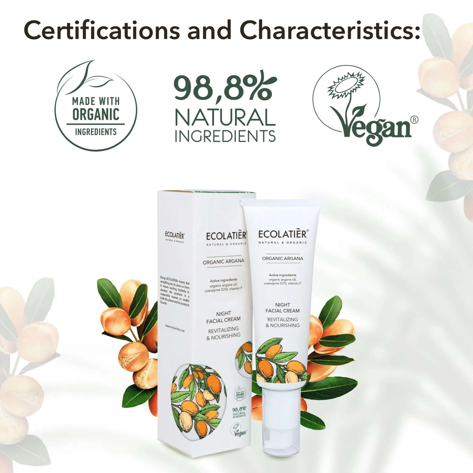 ECOLATIÈR Night Facial Cream Revitalizing & Nourishing Organic Argan Oil - Moisturizer Face Cream, Anti-Aging, Vitamin C, Vegan, 97.7% Natural Ingredients, 1.7 Fl Oz