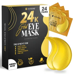 ESTEEMZ 24K Gold Under Eye Patches For Puffy Eyes (24 Pairs Individually Wrapped) - Collagen Enriched Under Eye Masks for Dark Circles and Puffiness, AminoAcid Under Eye Mask Patches for Wrinkles