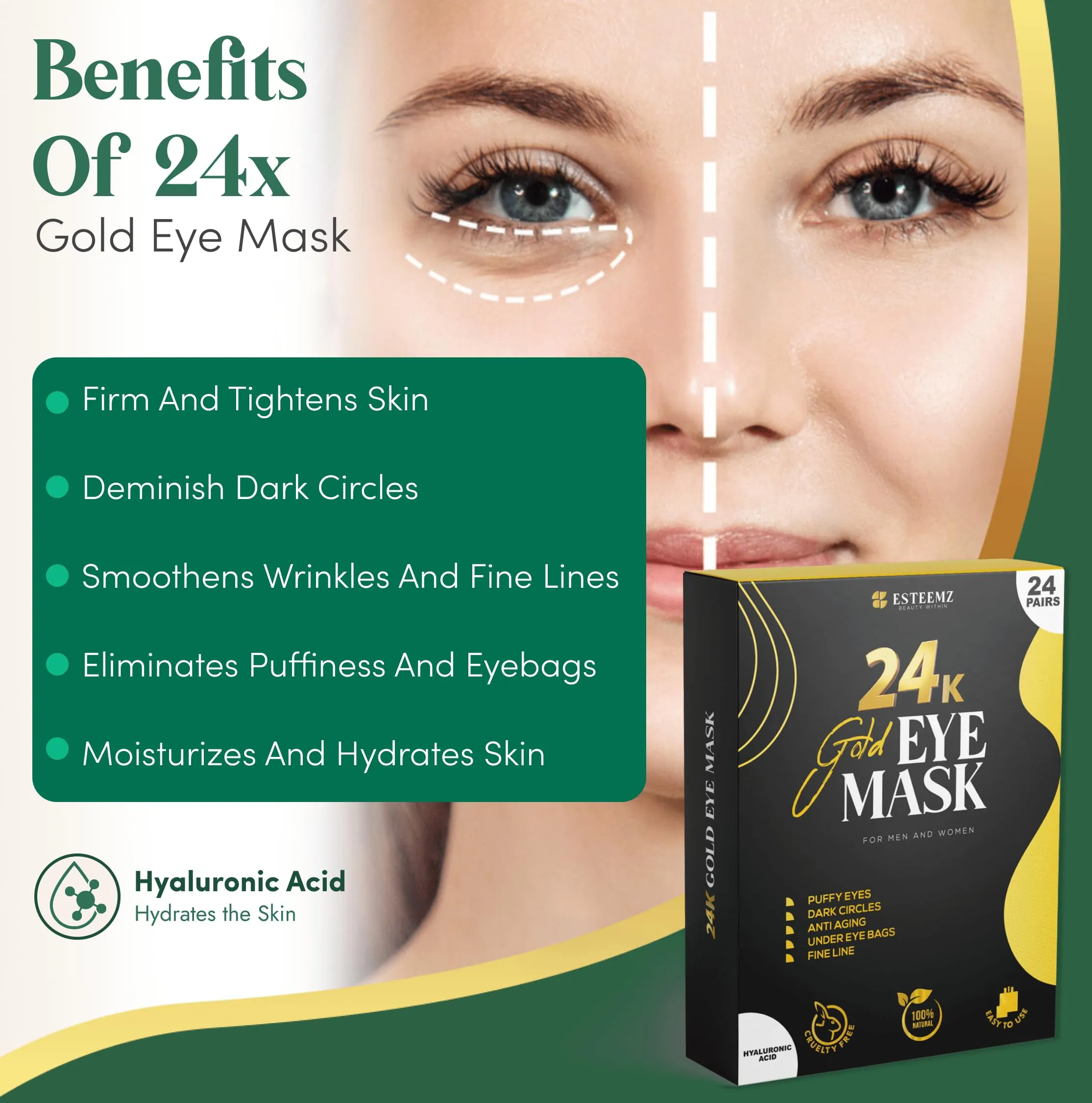 ESTEEMZ 24K Gold Under Eye Patches For Puffy Eyes (24 Pairs Individually Wrapped) - Collagen Enriched Under Eye Masks for Dark Circles and Puffiness, AminoAcid Under Eye Mask Patches for Wrinkles