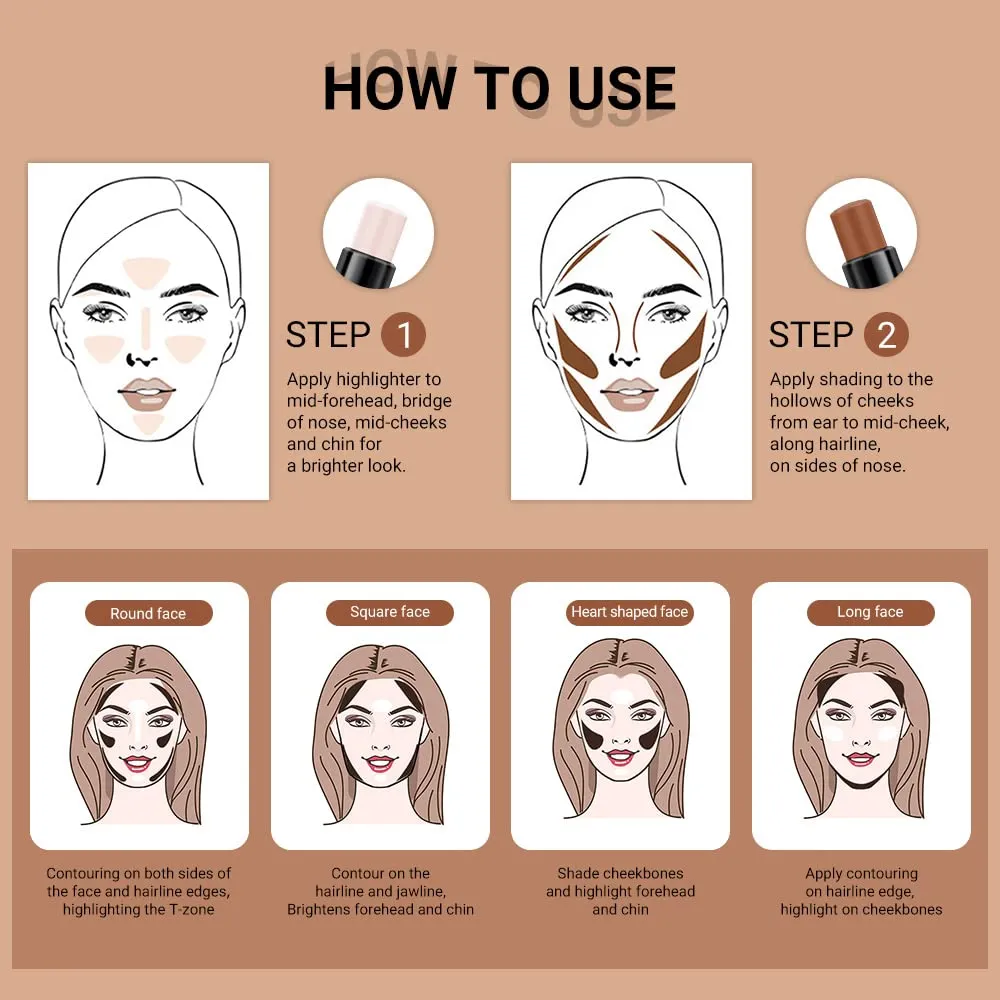 evpct 4 Colors Contour Stick Makeup Set, Cream Concealer Stick Contouring Palette Makeup Kit for Beginners, Nose Bronzer Sticks, Liquid Face Highlighter Make up contorno maquillaje, 01 03
