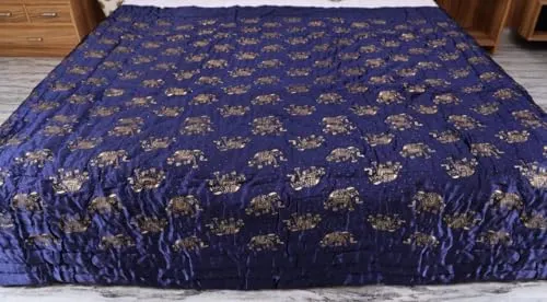fashhub Silk Double Bed Jaipuri Razai Quilt Light Weight - Abstract, Blue- All Seasons Comfort Quilt(Blue Hathi Print)