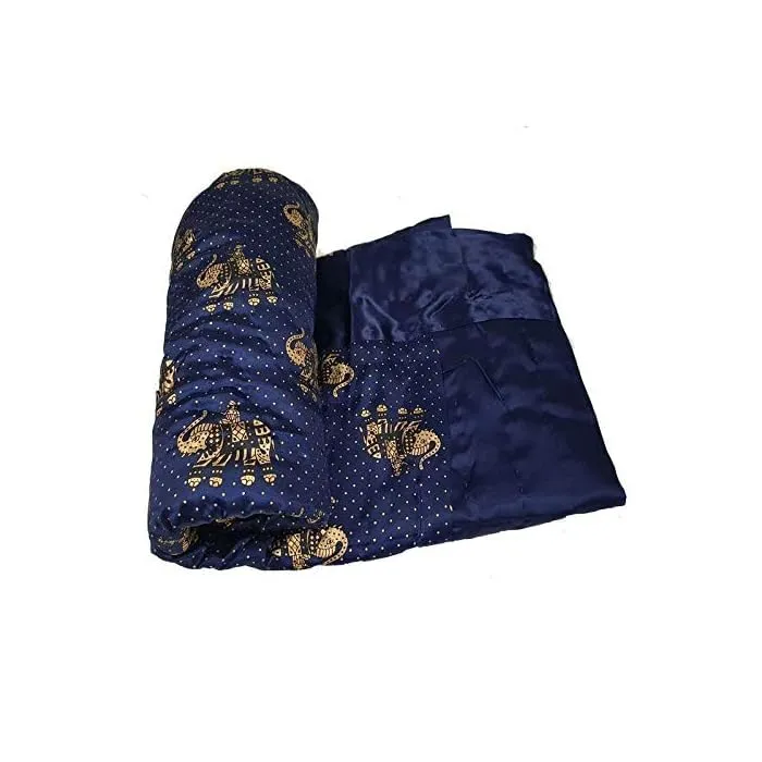 fashhub Silk Double Bed Jaipuri Razai Quilt Light Weight - Abstract, Blue- All Seasons Comfort Quilt(Blue Hathi Print)