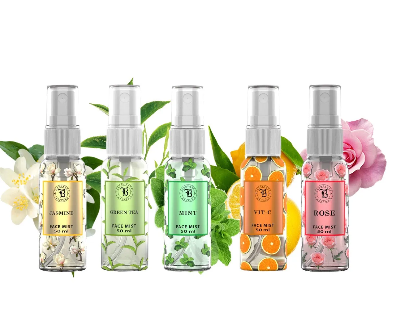 Fragrance & Beyond Face Mist 50ml each | Set of 5 | Green Tea, Rose, Vitamin C, Jasmine & Mint