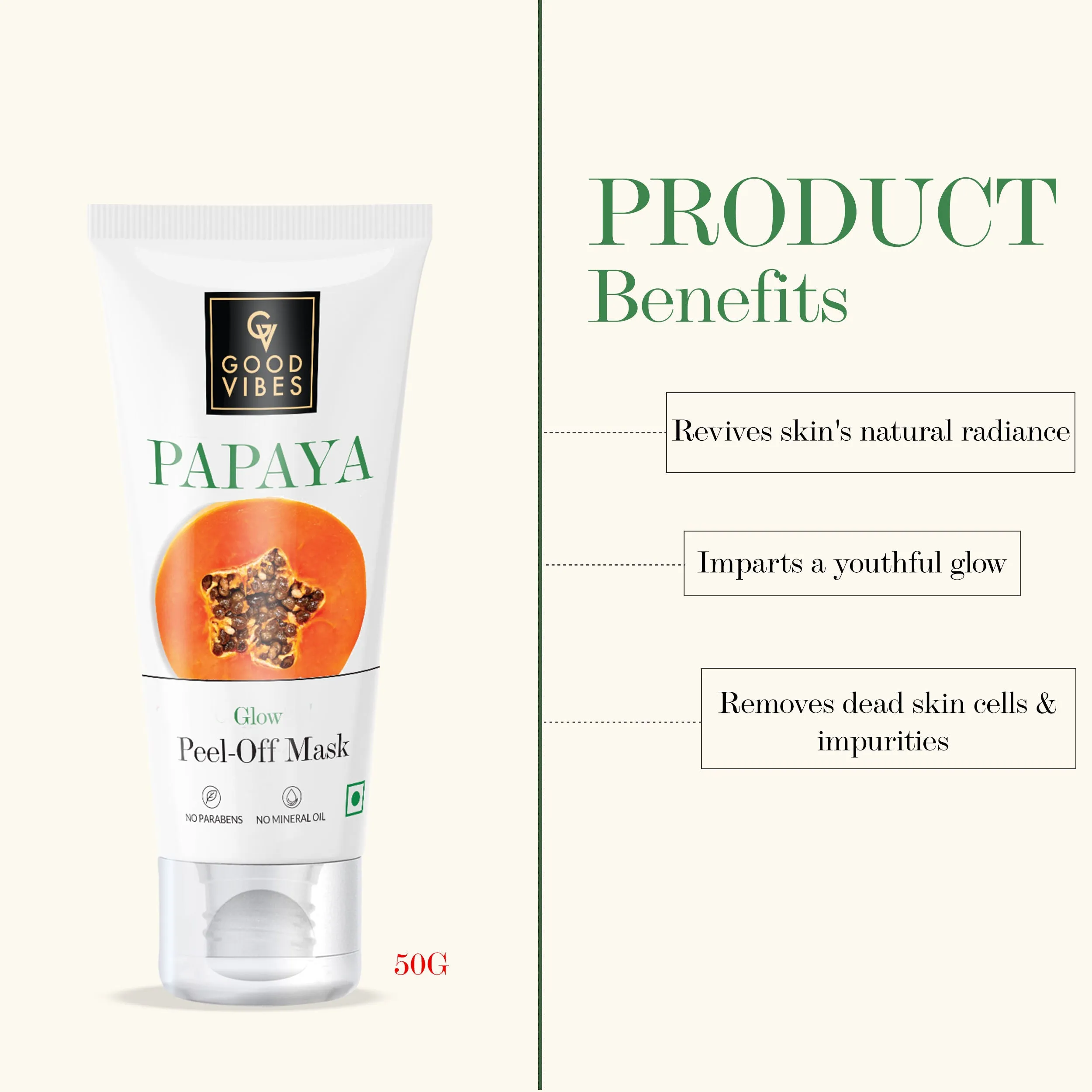 Good Vibes Papaya Glow Peel Off Mask | Tan Removal, Skin Lightening, Hydrating | No Parabens, No Sulphates, No Mineral Oil (50 g)