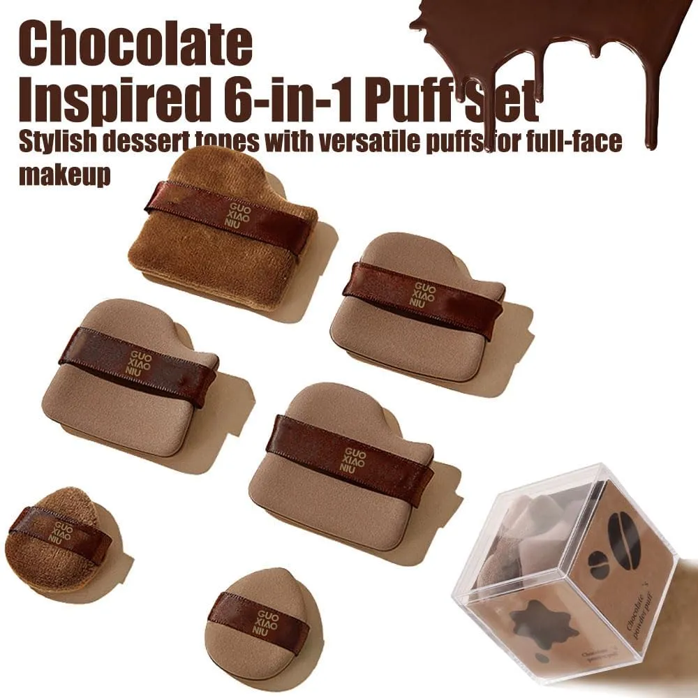 GuoXiaoNiu Makeup Puff, Chocolate Biscuit Powder Puff, 1 Box of 6 PCS Guoxiaoniu Chocolate Color Quick Foundation Puff Set, Makeup Puff Soft Foundation Applicator (1set)