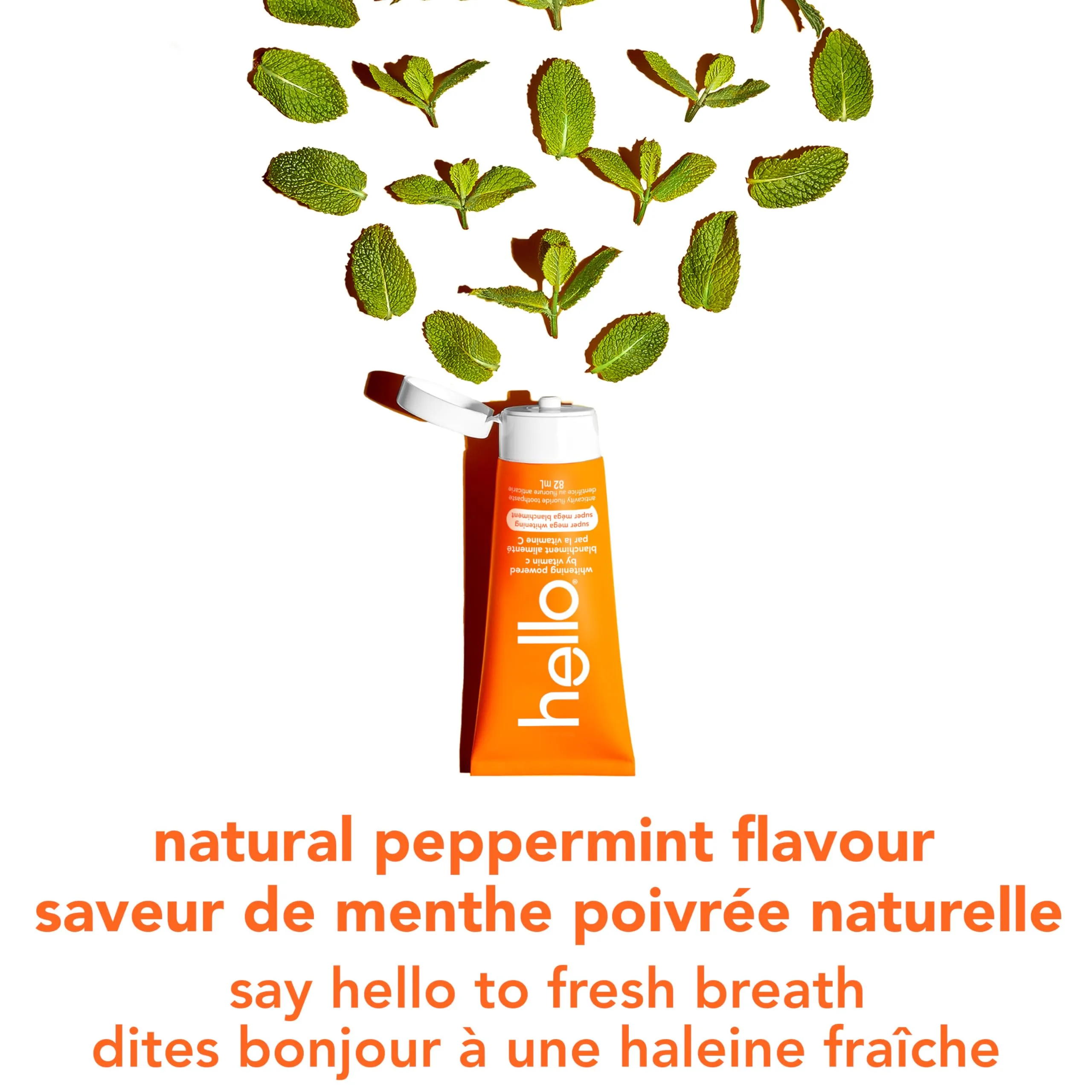 Hello Whitening Toothpaste with Fluoride Powered by Vitamin C, Teeth Whitening Toothpaste for Adults, Helps Freshen Breath and Removes Surface Stains, SLS Free, Natural Peppermint Flavor, 82mL Tube