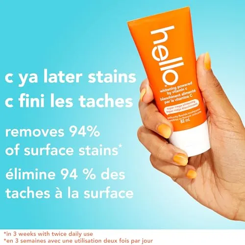 Hello Whitening Toothpaste with Fluoride Powered by Vitamin C, Teeth Whitening Toothpaste for Adults, Helps Freshen Breath and Removes Surface Stains, SLS Free, Natural Peppermint Flavor, 82mL Tube