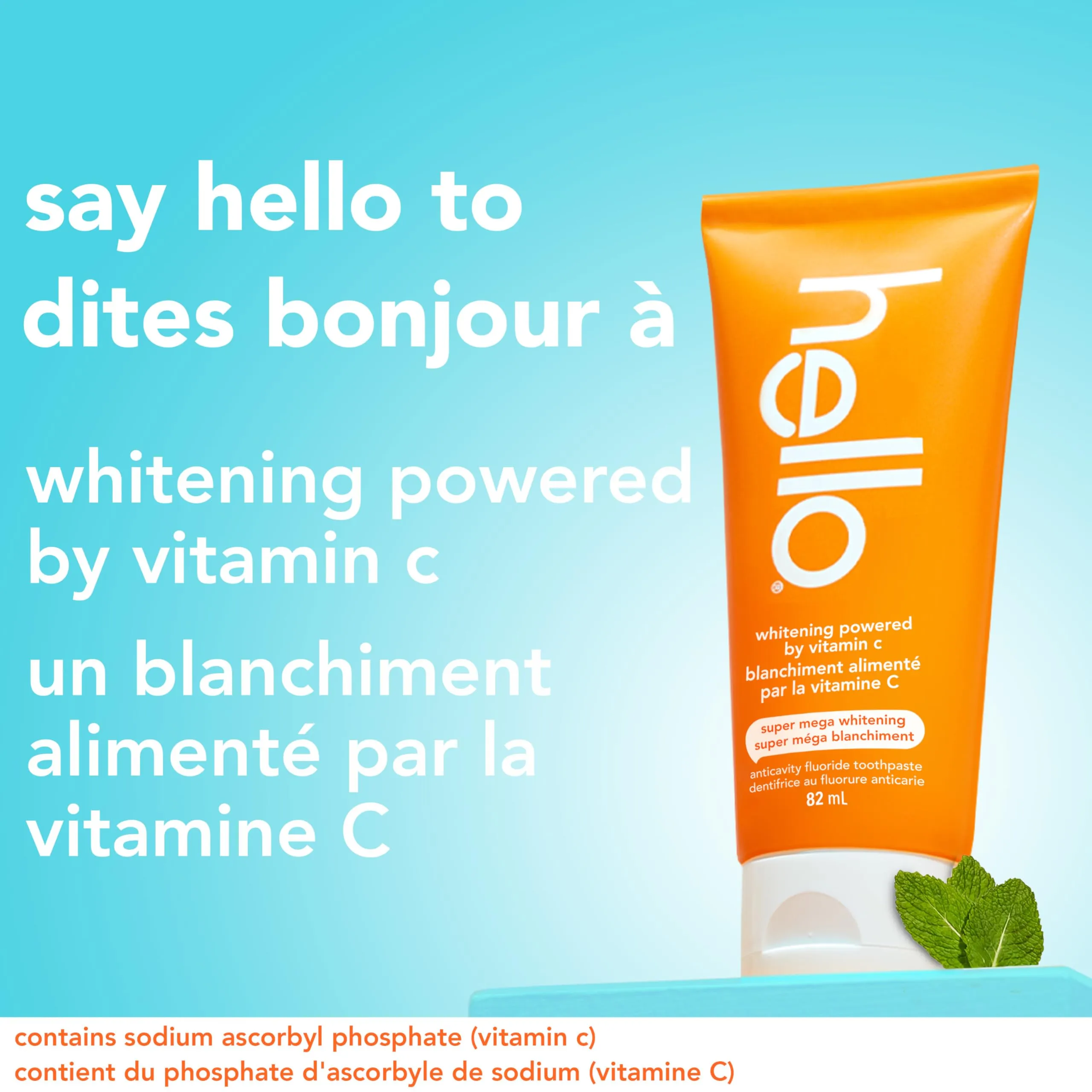 Hello Whitening Toothpaste with Fluoride Powered by Vitamin C, Teeth Whitening Toothpaste for Adults, Helps Freshen Breath and Removes Surface Stains, SLS Free, Natural Peppermint Flavor, 82mL Tube