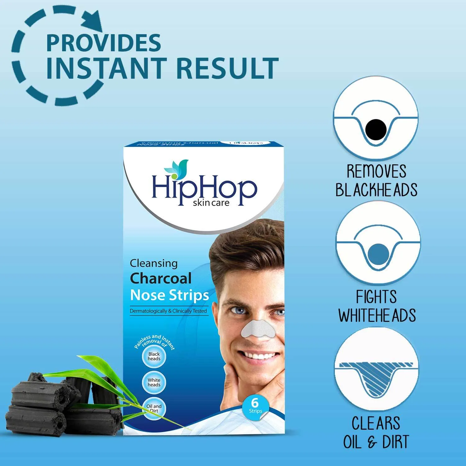 HipHop Blackhead Remover Nose Strips for Men (Activated Charcoal, 6 Strips)   Anti-Acne Body Cleanser (Salicylic Acid, 200 ml)