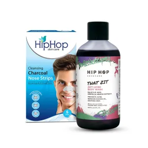 HipHop Blackhead Remover Nose Strips for Men (Activated Charcoal, 6 Strips)   Anti-Acne Body Cleanser (Salicylic Acid, 200 ml)