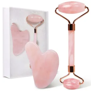 huefull Face Massager Rose Quartz Face Roller & Gua Sha Facial Tool Set, Lymphatic Drainage Massage Tool for Muscle Tension Relief FreshRoll