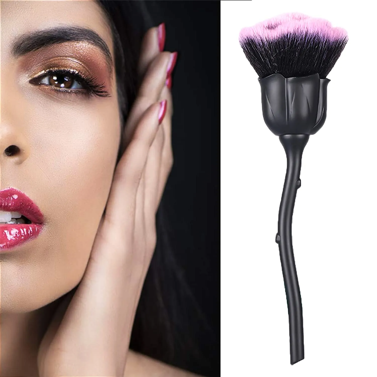 JERCLITY Rose Makeup Brush, 1pc Black Super Large Face Powder Makeup Brush, Synthetic Bristles, Copper Ferrule, Dome-shaped, For Setting Powder, Blending