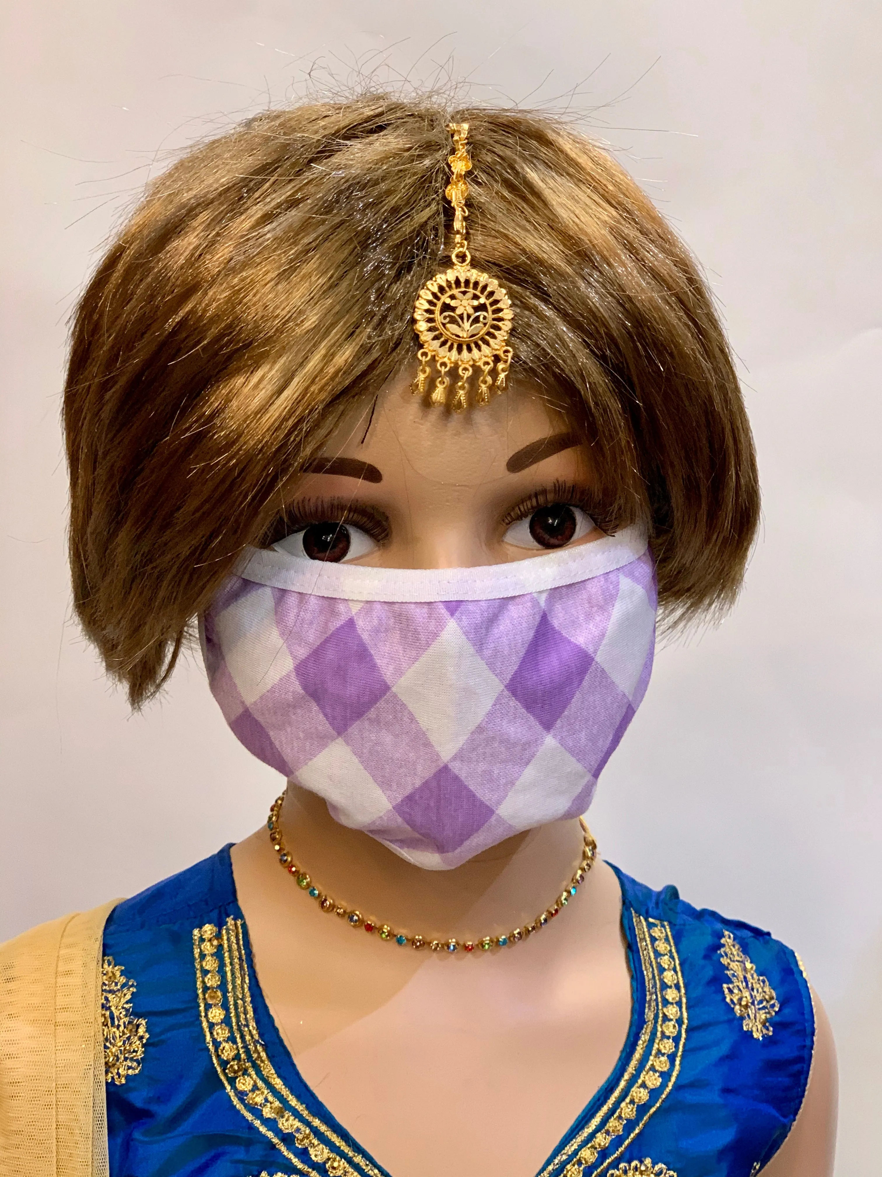 Kid's Cotton Unisex Purple Checkers Printed Cloth Face Masks