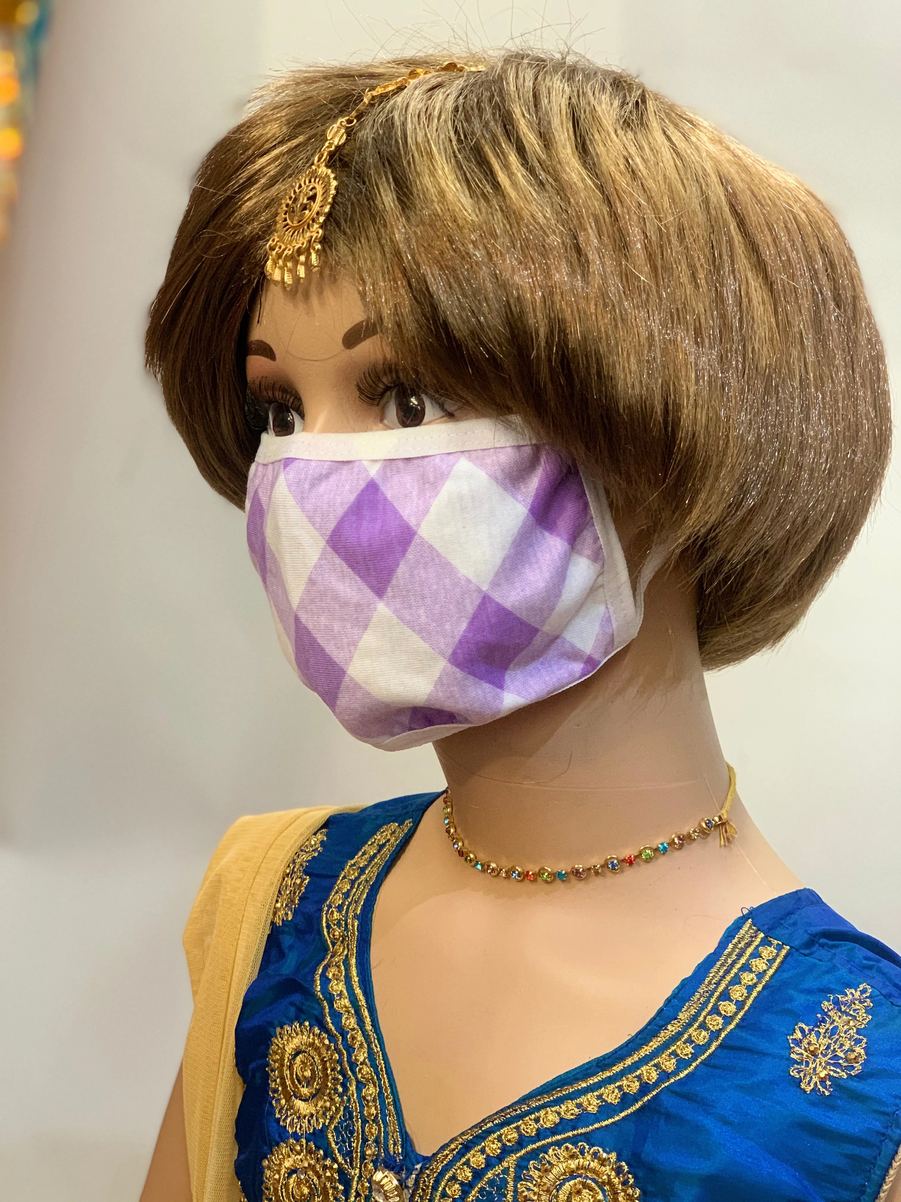 Kid's Cotton Unisex Purple Checkers Printed Cloth Face Masks