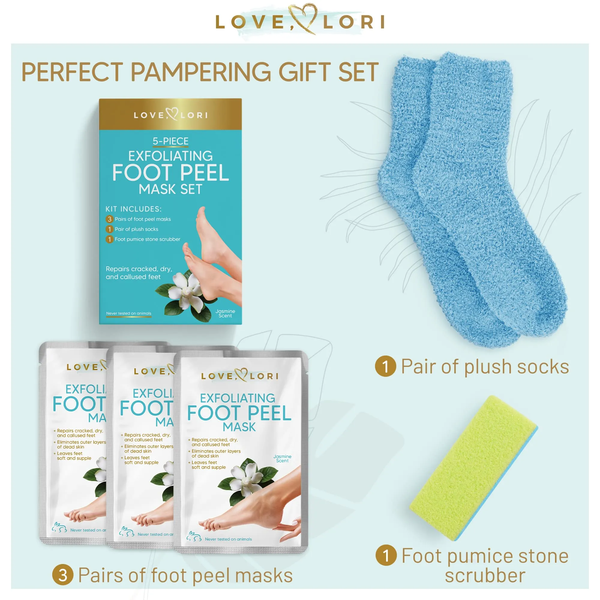 LOVE, LORI, Foot Care for Women - Foot Spa Kit w/ 3 Pack Foot Exfoliator Peeling Mask, Pumice Stone & Foot Moisturizing Socks - Foot Care Kit for Baby Feet - Self Care Gifts for Women
