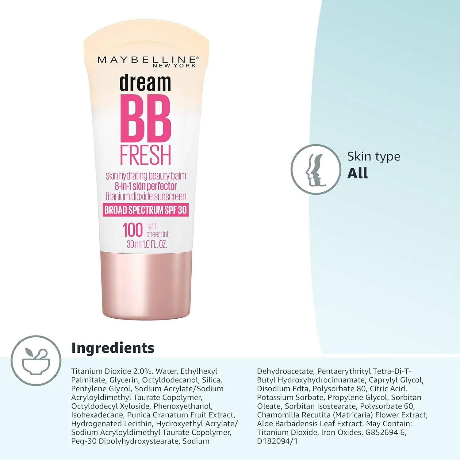 Maybelline Dream Fresh Skin Hydrating BB cream, 8-in-1 Skin Perfecting Beauty Balm with Broad Spectrum SPF 30, Sheer Tint Coverage, Oil-Free, Light, 1 Fl Oz