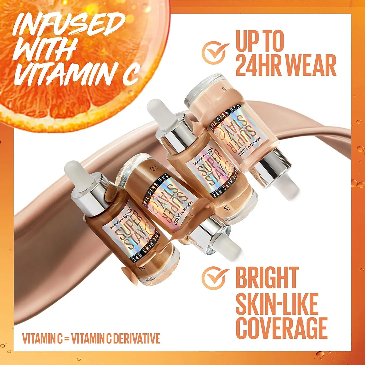 Maybelline Super Stay Up to 24HR Skin Tint, Radiant Light-to-Medium Coverage Foundation, Makeup Infused With Vitamin C, 120, 1 Count