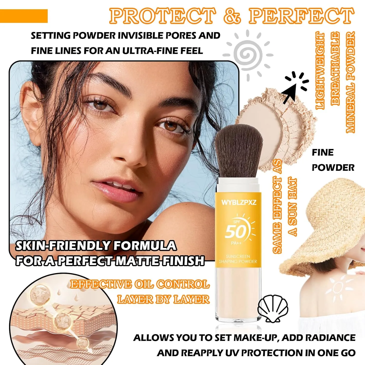 Mineral Sunscreen Setting Powder SPF50 PA   for Face,Long-Lasting Oil Control Sunscreen Brush Powder,Matte Transparent Facial Powder Sunscreen,All Skin