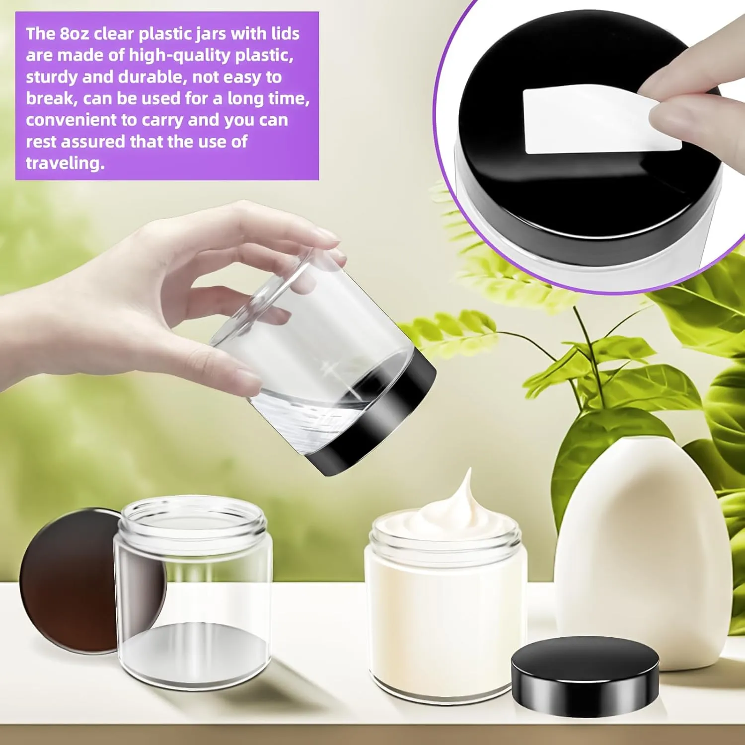 MotBach 5 Pack 8oz Plastic Jars with Lids, 240ml Round Clear Cosmetic Containers Makeup Jars,Travel Size Containers Jar for Lotion Cream Eyeshadow Samples Ointment Salve Balm Powder Travel Storage