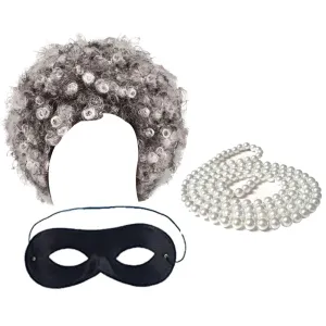 Old Lady Robber Grandma Costume Grey Afro Wig Domino Eye Mask Pearl Necklace Swag Adults Burglar Set